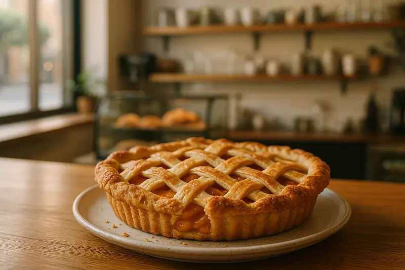 The classic presentation for peach pie, allowing the golden-orange filling to peek through while providing adequate steam vents. The woven lattice is both functional and beautiful.