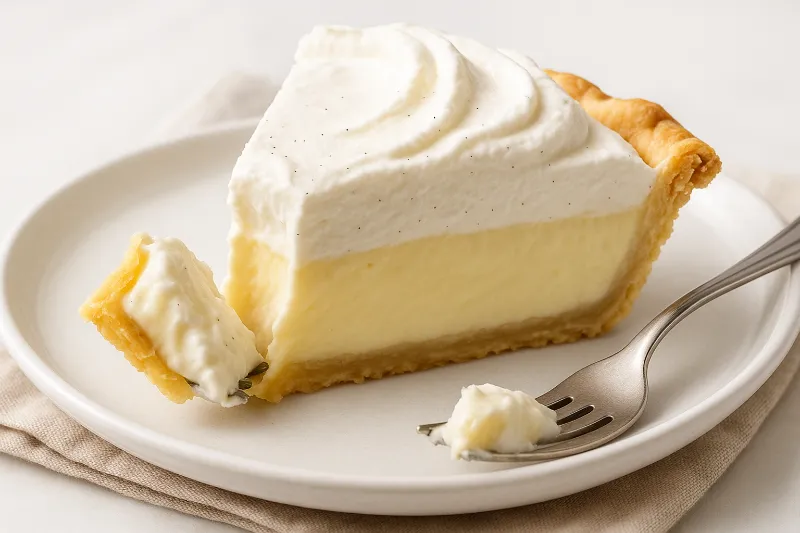 Vanilla cream pie is an elegant American dessert featuring a smooth vanilla custard filling in a buttery crust, topped with whipped cream and often garnished with vanilla bean specks.